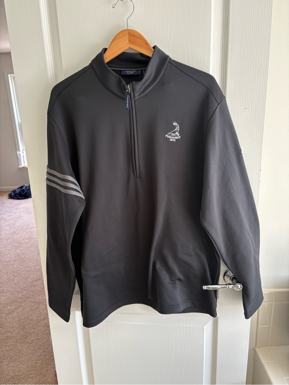 Adidas Pinehurst black pullover with contrasting white Pinehurst 1895 embroidery
